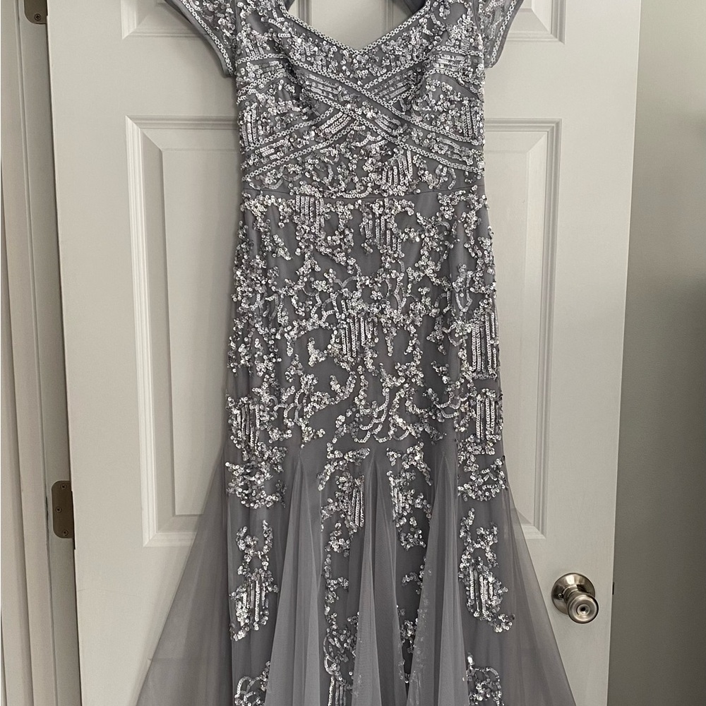 Adrianna Papell Silver Embellished Prom Dress